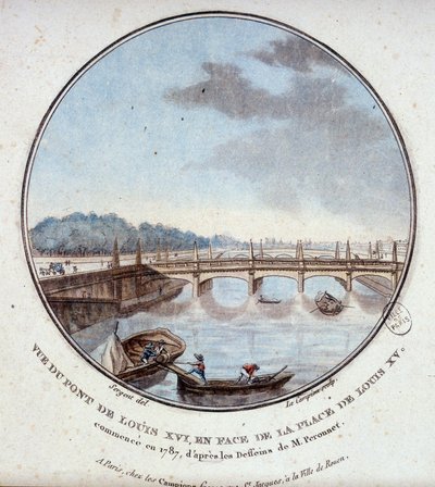 Vista del puente de Luis XVI, frente a la plaza de Luis XV, comenzado en 1787 según los dibujos del Sr. Peronnet. En vistas pintorescas de los principales edificios de París por Sergeant de Antoine Louis Francois Sergent Marceau