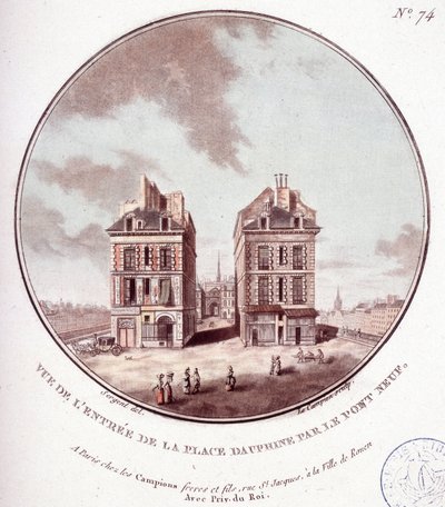 Vista de la entrada a la Place Dauphine por el Pont Neuf, París. En vistas pintorescas de los principales edificios de París por Sergeant de Antoine Louis Francois Sergent Marceau