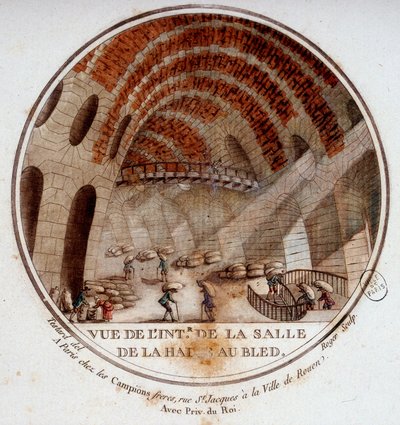Vista del interior del nuevo mercado construido por Le Camus de Mézières entre 1763 y 1766, hoy la bolsa de París. En vistas pintorescas de los principales edificios de París por Sergeant de Antoine Louis Francois Sergent Marceau