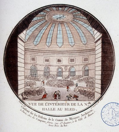 Vista del interior del nuevo mercado construido por Le Camus de Mézières entre 1763 y 1766, hoy la bolsa de valores en París. En vistas pintorescas de los principales edificios de París por Sergeant de Antoine Louis Francois Sergent Marceau