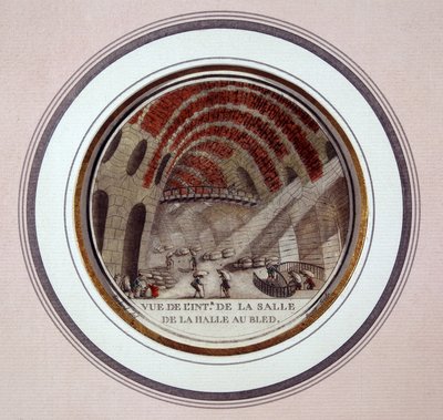 Vista del interior del nuevo mercado construido por Le Camus de Mézières entre 1763 y 1766, hoy la bolsa de valores en París. En vistas pintorescas de los principales edificios de París por Sergeant de Antoine Louis Francois Sergent Marceau