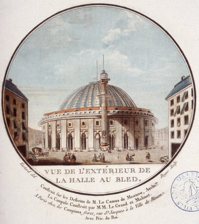 Vista del exterior del mercado de trigo, París construido por Le Camus de Mézières entre 1763 y 1766, hoy la bolsa de valores en París. En vistas pintorescas de los principales edificios de París por Sergeant de Antoine Louis Francois Sergent Marceau