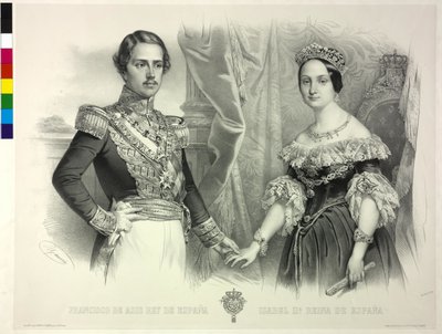La Reina de España y su esposo Francisco Isabel II (litografía) de Antoine Maurin