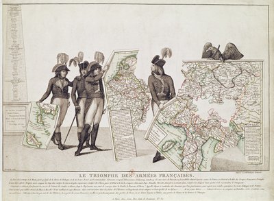 El triunfo de los ejércitos franceses, Napoleón y sus generales sosteniendo mapas de sus victorias en el momento de la Paz de Loeben, 18 de abril de 1797, c.1797 de Antoine Maxime Monsaldy