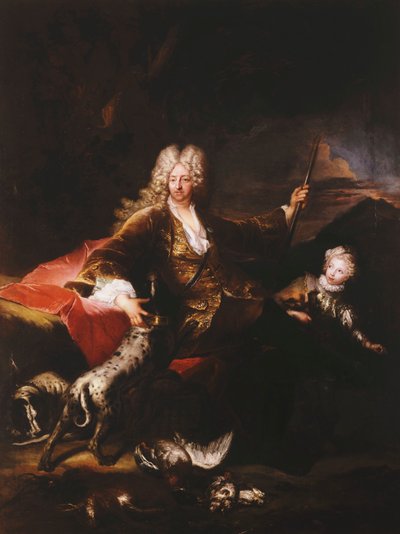 Retrato del Marqués Paolo Corbelli, de cuerpo entero, sentado en un banco al borde de un bosque, 1709 de Antoine Pesne