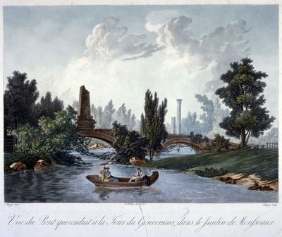 Puente a la Tour du Gouverneur en el Parc Monceau, grabado por Chapuy de Antoine Pierre after Mongin