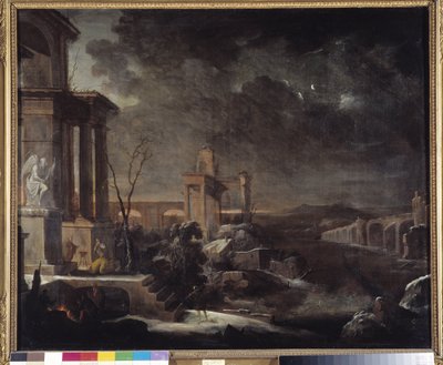 Paisaje de ruinas antiguas al amanecer de Antoine Pierre the Younger Patel