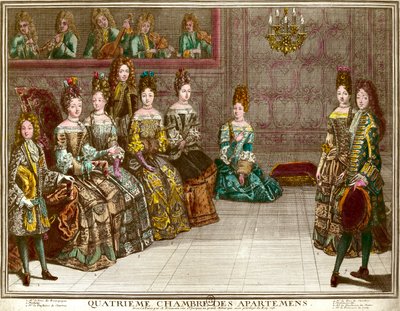 Baile en la cuarta habitación de los apartamentos de la familia de Luis XIV (1638-1715) durante las veladas de apartamento en Versalles alrededor de 1696 de Antoine Trouvain