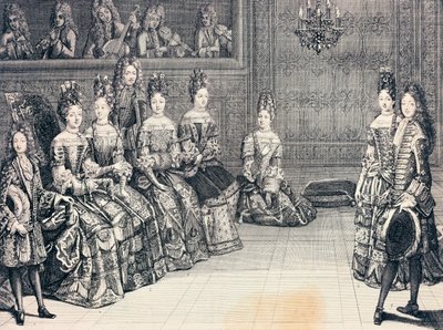 Duque de Borgoña, duquesa de Maine, princesa de Conti y duques de Chartres escuchando música, grabado, Francia de Antoine Trouvain