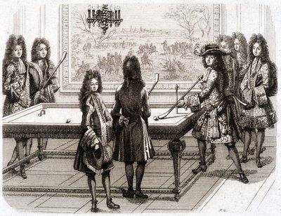 Luis XIV jugando al billar (con Monsieur (hermano del rey), Duque de Vendôme, Conde de Toulouse, Chamillart, el Rey, M. d