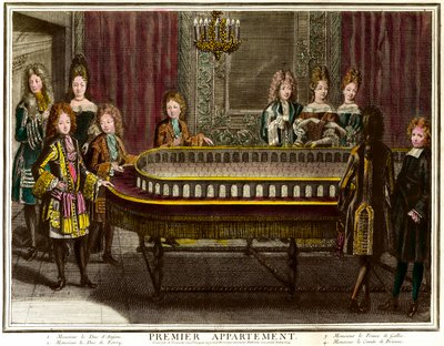 Felipe de Francia, Duque de Anjou, luego Rey de España (1683-1746), Carlos, Duque de Berry (1686-1714) y el Príncipe de Gales jugando en el primer apartamento de Luis XIV en Versalles - Grabado de Antoine Trouvain (1656-1708) de Antoine Trouvain