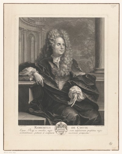 Retrato de Robert de Cotte, apoyado en un libro de arquitectura clásica
Robertus De Cotte (título en el objeto) de Antoine Trouvain