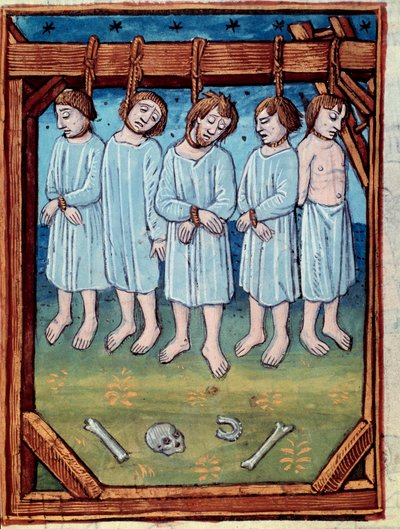 Cinco hombres ahorcados. Miniatura en “crónicas de Saint Denis” París, Antoine Verard de Antoine Verard