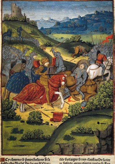 Lancelot en una batalla - VERARD, Antoine (s. XV). Editor y librero inglés; LANCELOT (s. VI). Caballero de la corte del rey Arturo. Lancelot en una batalla. Ilustración de "Lancelot du Lac" de Antoine Verard (1494). Arte gótico. Pintura en miniatura. FR de Antoine Verard