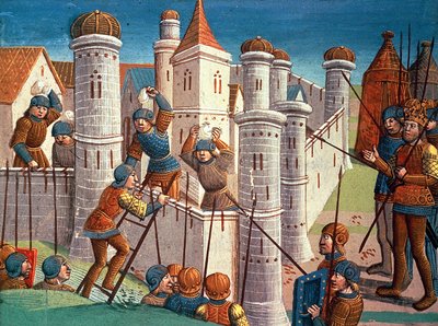 Escena de una batalla defendiendo Constantinopla, de Ogier le Danois de Antoine Verard