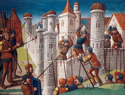 Asedio de una ciudad, miniatura del manuscrito "La novela de Ogier el Danés" de Antoine Verard