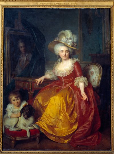 Retrato en pie de Madame Vestier (1740-1831) con un niño a sus pies pellizcando la oreja de un perro de Antoine Vestier