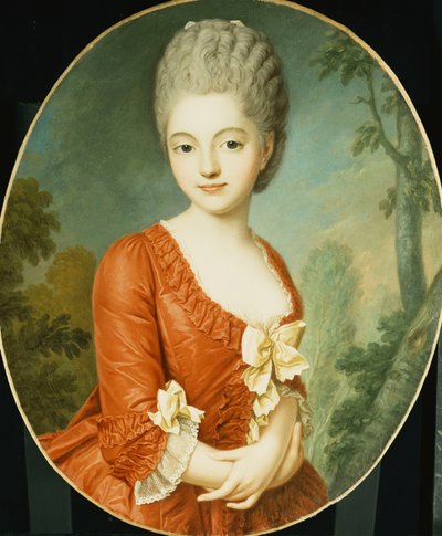 Retrato de una joven dama, medio cuerpo, con un vestido rojo con lazos, en un parque de Antoine Vestier