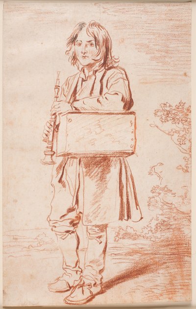 Joven saboyano. Figura completa de frente a la izquierda, de pie, con una caja con marmota colgando sobre un hombro, sosteniendo una flauta en las manos de Antoine Watteau