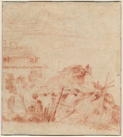 Vista de una casa, una cabaña y dos figuras de Antoine Watteau