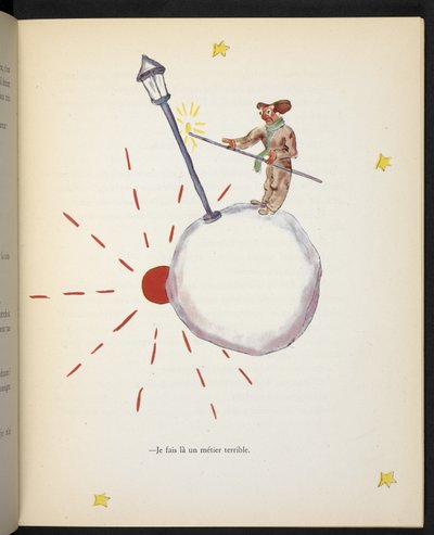 Estoy haciendo un trabajo terrible, ilustración del Lamplighter de "Le Petit Prince", de Antoine de Saint-Exupéry. de Antoine de Saint Exupery