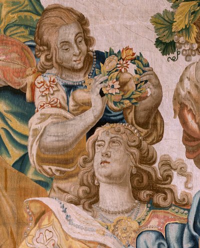 Tapiz flamenco. Serie Historia de Teseo. Baco toma a Ariadna como esposa (Baco toma a Ariadna por esposa). Noveno tapiz de la serie. Modelo Anthonis Sallaert. Manufactura Jan Raes el Joven, Bruselas. Ca. 1630. ; Tela Seda y lana. Tamaño 392x45 de Antoine or Anthonis Sallaert
