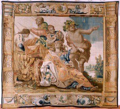 Tapiz flamenco. Serie Historia de Teseo. Baco toma a Ariadna como esposa (Baco toma a Ariadna por esposa). Noveno tapiz de la serie. Modelo Anthonis Sallaert. Manufactura Jan Raes el Joven, Bruselas. Ca. 1630. ; Tela Seda y lana. Tamaño 392x45 de Antoine or Anthonis Sallaert