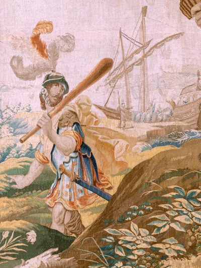 Tapiz flamenco. Serie Historia de Teseo. Teseo abandona a Ariadna en la isla de Naxos (Teseo abandona a Ariadna en la Isla de Naxos). Octavo tapiz de la serie. Modelo Anthonis Sallaert. Manufactura Jan Raes el Joven, Bruselas. Ca 1630. Tela S de Antoine or Anthonis Sallaert