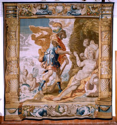 Tapiz flamenco. Serie Historia de Teseo. Teseo recibe el anillo de Minos de Anfítrite (Teseo recibe de Anfítrite la sortija de Minos). Quinto tapiz de la serie. Modelo Anthonis Sallaert. Manufactura Jan Raes el Joven, Bruselas. Ca 1630. Tela Seda de Antoine or Anthonis Sallaert