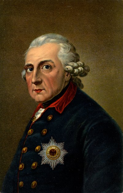 Historia. Alemania. Federico II el Grande. Ilustración inspirada en un retrato de Anton Graff (1780), Alemania, c.1900 (tarjeta postal) de Anton (after) Graff
