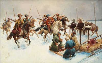 Paisaje invernal con cosacos (entrega de correo) - Pintura de Adolf Baumgartner Stoiloff (Baumgartner-Stoiloff) (1850-1924), óleo sobre lienzo, 82x130 cm - Colección privada de Anton Baumgartner Stoiloff