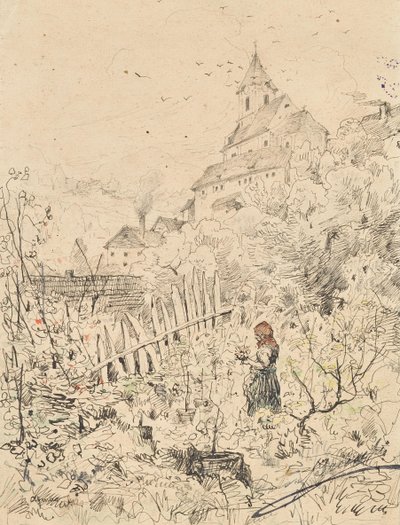 Campesina en el jardín, detrás de su iglesia y pueblo de Anton Brioschi