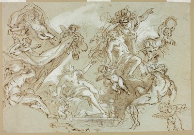 Apoteosis de Hércules (anverso); esbozos de cabeza de caballo, cuartos delanteros de caballo y retablo o copón (reverso). de Anton Domenico Gabbiani