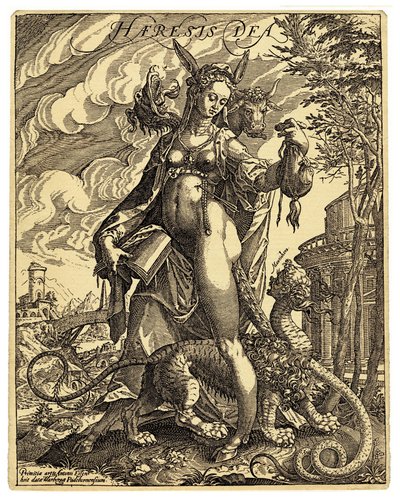 La deidad de Heresia, figura alegórica representada en forma de mujer con orejas de asno, que sostiene un libro con las páginas rotas y una criatura monstruosa entre las piernas. Grabado satírico contrarreformista de Anton Eisenhout (1554-1603) Finales del de Anton Eisenhout