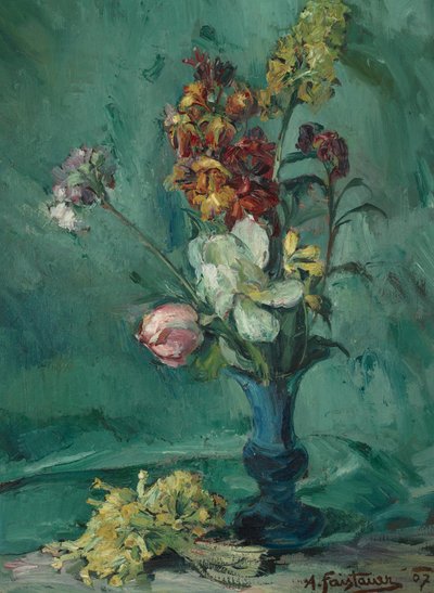 Flores en jarrón azul y ramo de prímulas de Anton Faistauer