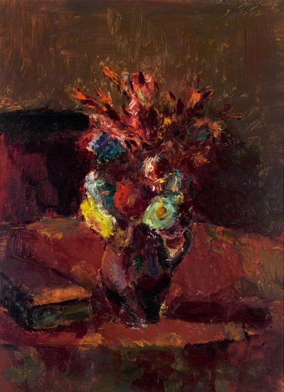 Ramo de flores con mantel rojo de Anton Faistauer