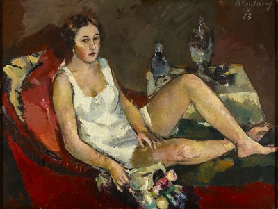 mujer joven, en, sofá rojo de Anton Faistauer