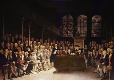 William Pitt dirigiéndose a la Cámara de los Comunes sobre la Declaración de Guerra de Francia 1793 de Anton Hickel