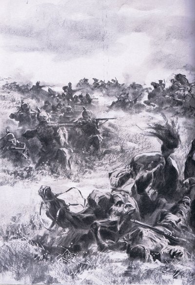 Derrota de la 14ª Brigada de Caballería Rusa en Praszysz, de La Historia Ilustrada de la Primera Guerra Mundial 1914-1915 pub. por Union Berlagsefellfchaft de Anton Hoffman