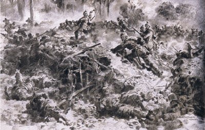 Los Granaderos del Rey de Wurtemberg rompiendo las posiciones enemigas en las Argonnes, de La Historia Ilustrada de la Primera Guerra Mundial 1914-1915 pub. por Union Berlagsefellfchaft de Anton Hoffman