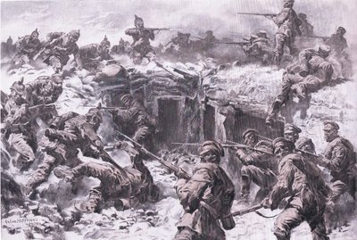 La derrota del Cuerpo de Granaderos de Moscú por tropas silesianas, prusianas e imperiales alemanas, de La Historia Ilustrada de la Primera Guerra Mundial 1914-1915 pub. por Union Berlagsefellfchaft de Anton Hoffman