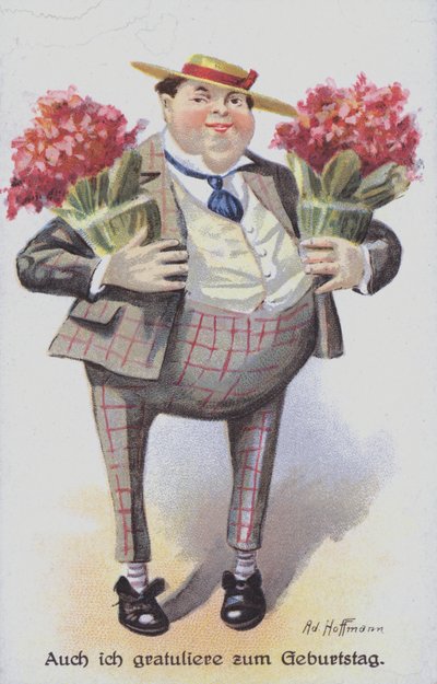 Tarjeta de felicitación de cumpleaños que representa a un hombre llevando ramos de flores de Anton Hoffmann