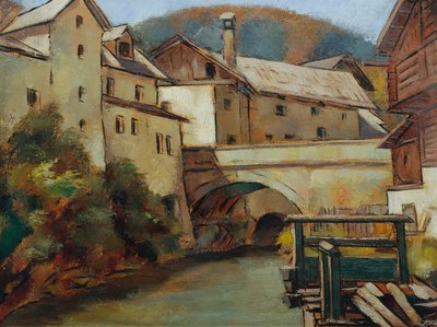 Vista de una ciudad con río y puente. de Anton Hula