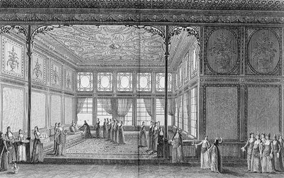Interior de una sala de dibujo en el Palacio de Topkapi de la Sultana Hadidge, hermana de Selim III de Anton Ignaz (after) Melling