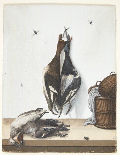 Naturaleza muerta con cuatro patos y una cesta abierta de Anton Ignaz Hamilton