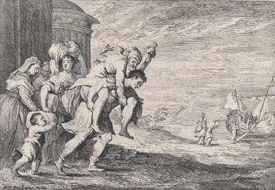 Eneas huyendo de Troya, con un grupo de seis figuras saliendo de la ciudad a la izquierda, Eneas cargando..., 1728 de Anton Joseph von Prenner