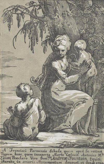 Una mujer de pie al pie de un árbol sosteniendo a un bebé, con un niño sentado, 1724 de Anton Maria Zanetti