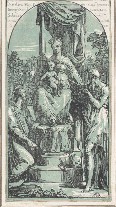 La Virgen y el Niño entronizados, San Jerónimo en la parte inferior derecha, San Francisco..., antes de 1749 de Anton Maria Zanetti