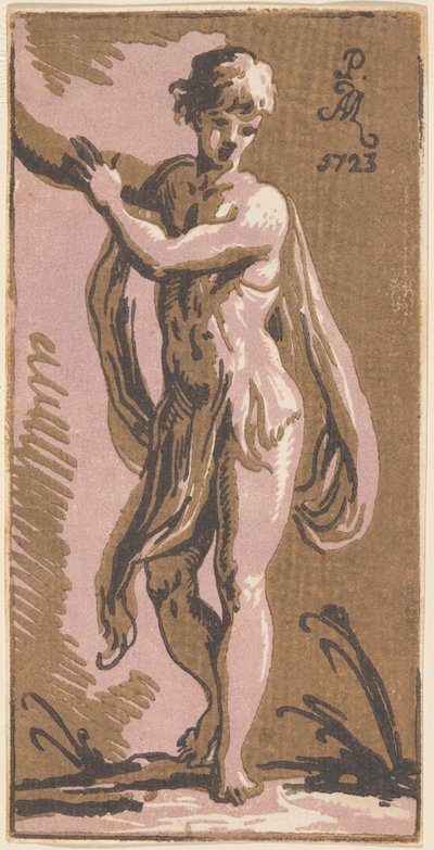 Un joven de pie gesticulando a su derecha de Anton Maria Zanetti I, after Parmigianino