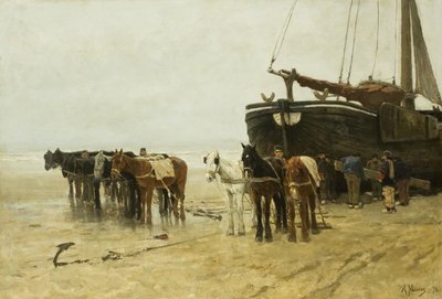 Holandés: Bomschuit con caballos de remolque en la playa de Scheveningen Barco de pesca con caballos de remolque en la playa de Scheveningen de Anton Mauve